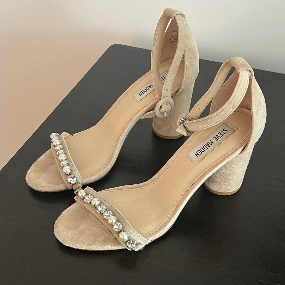 Steve Madden Cream Block Heel Sandals with Embellished Strap Size 8